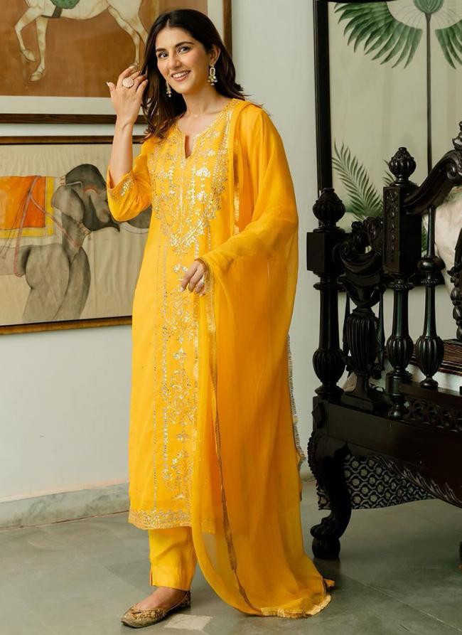 Georgette Yellow Festival Wear Embroidery Work Readymade Salwar Suit